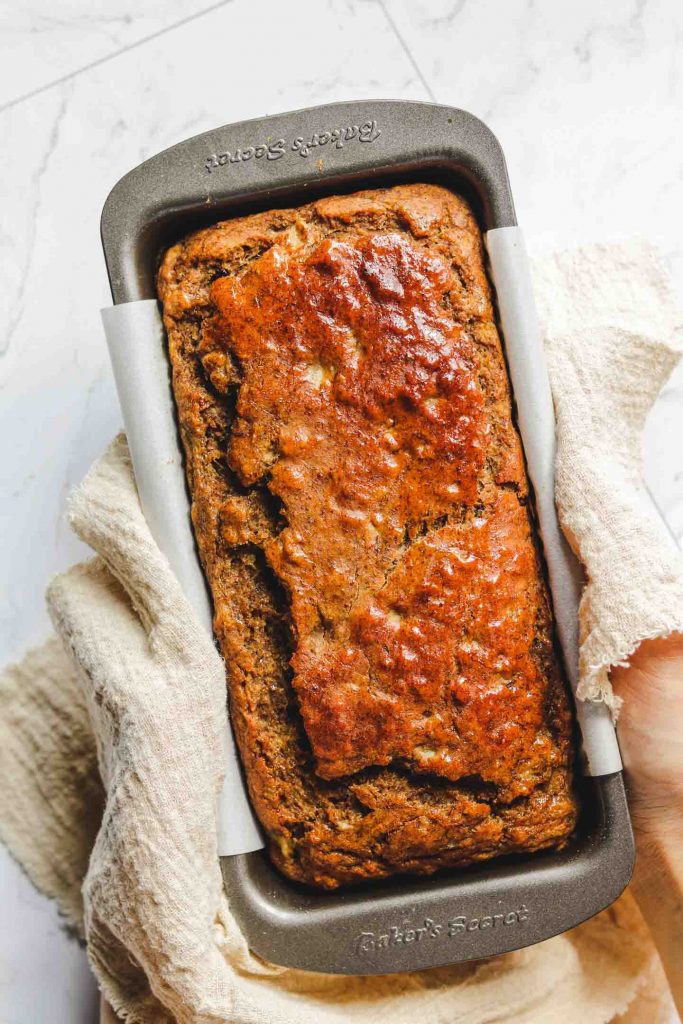 eggless banana bread in a loaf pan after baked 