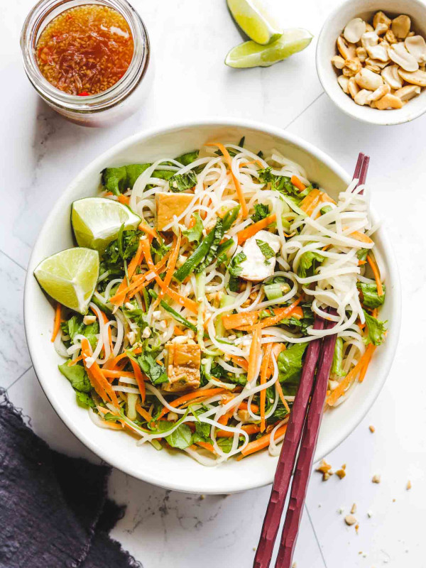 Vietnamese Vermicelli Noodle Salad with Tofu in a white bowl