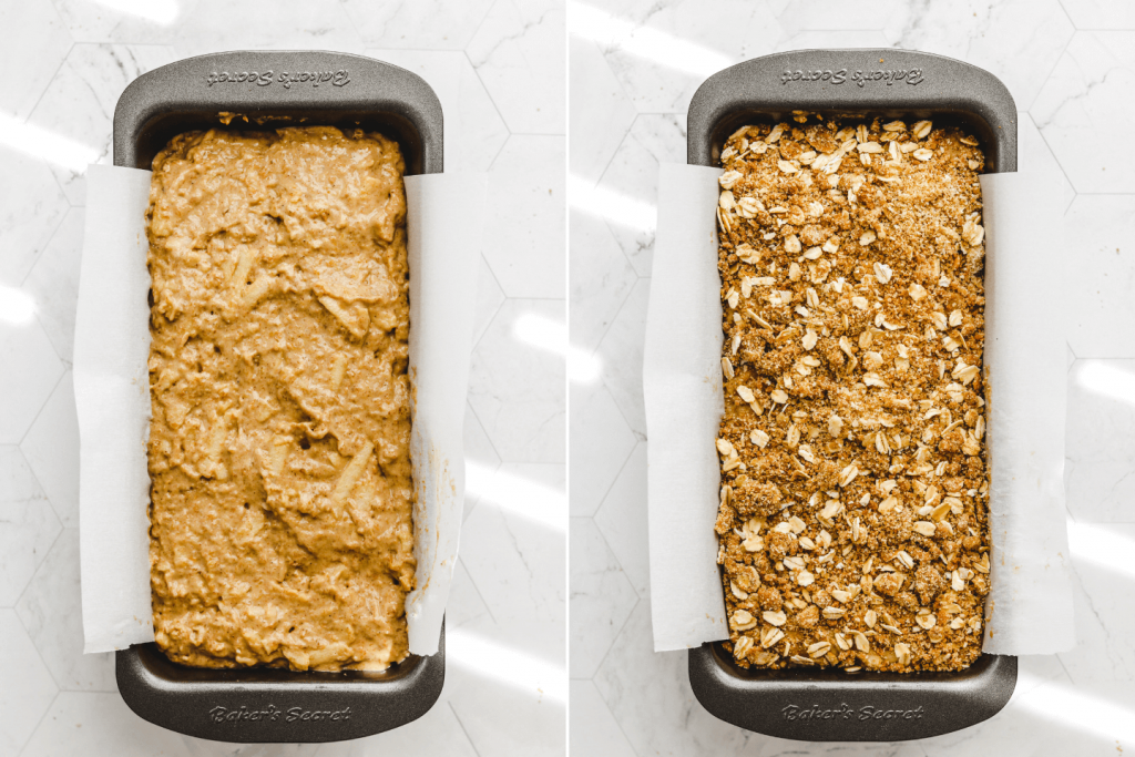 apple quick bread in the loaf pan with and without the crumb topping