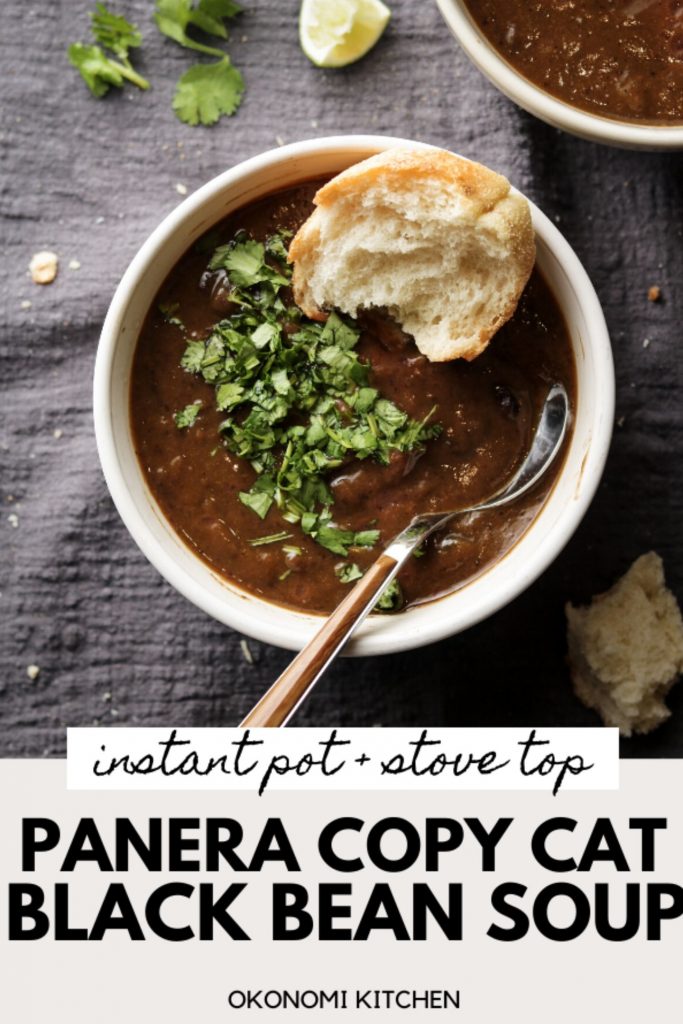 panera copy cat soup in a white bowl with pinterest text