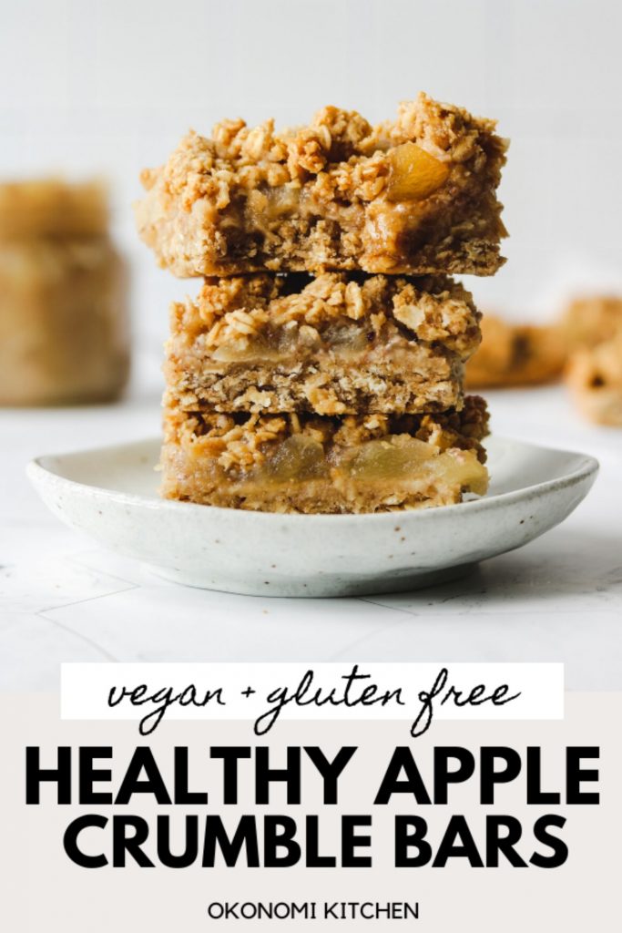 vegan gluten free apple crumb bars on a plate for pinterest image
