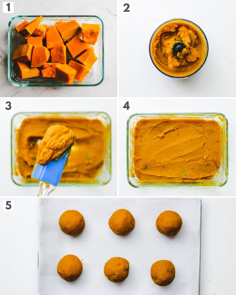 process shots of making sweet pumpkin paste filling 