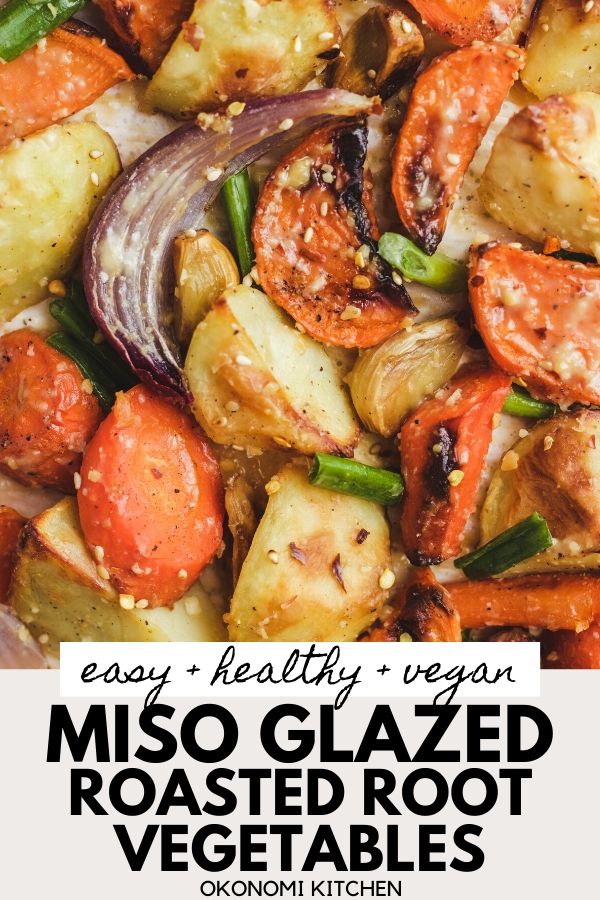 easy healthy vegan miso glazed roasted root vegetable pinterest image