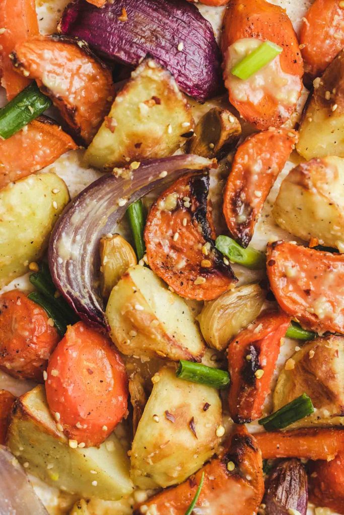 Miso Glazed Roasted Root Vegetables on a baking sheet