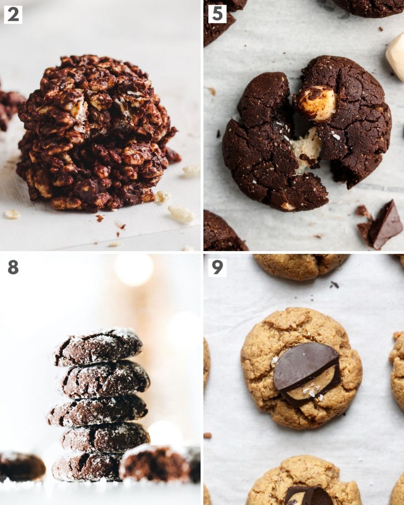 top 4 vegan chocolate holiday cookies showing chocolate crinkle cookies, peanut butter cup cookies, hot chocolate cookies and no bake chocolate cookies