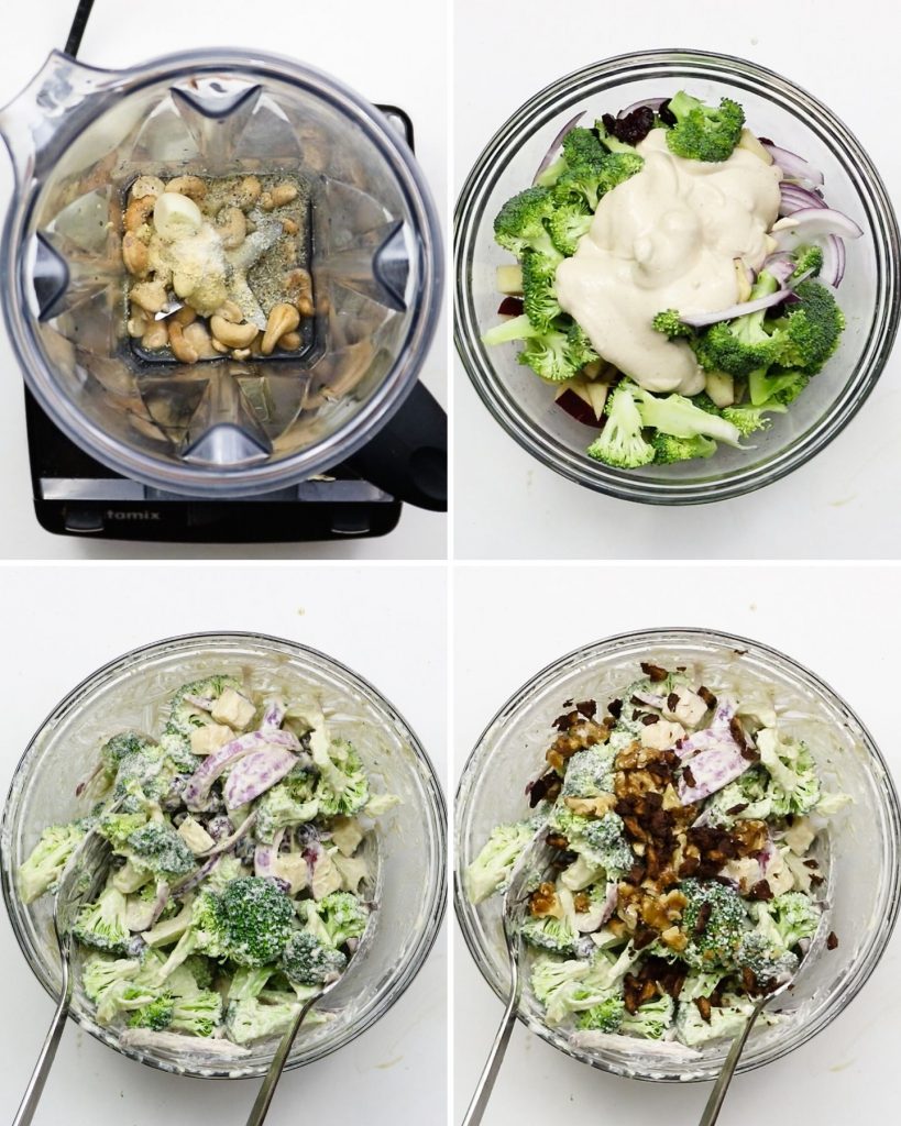 step by step shots of how to make vegan broccoli salad with creamy dressing