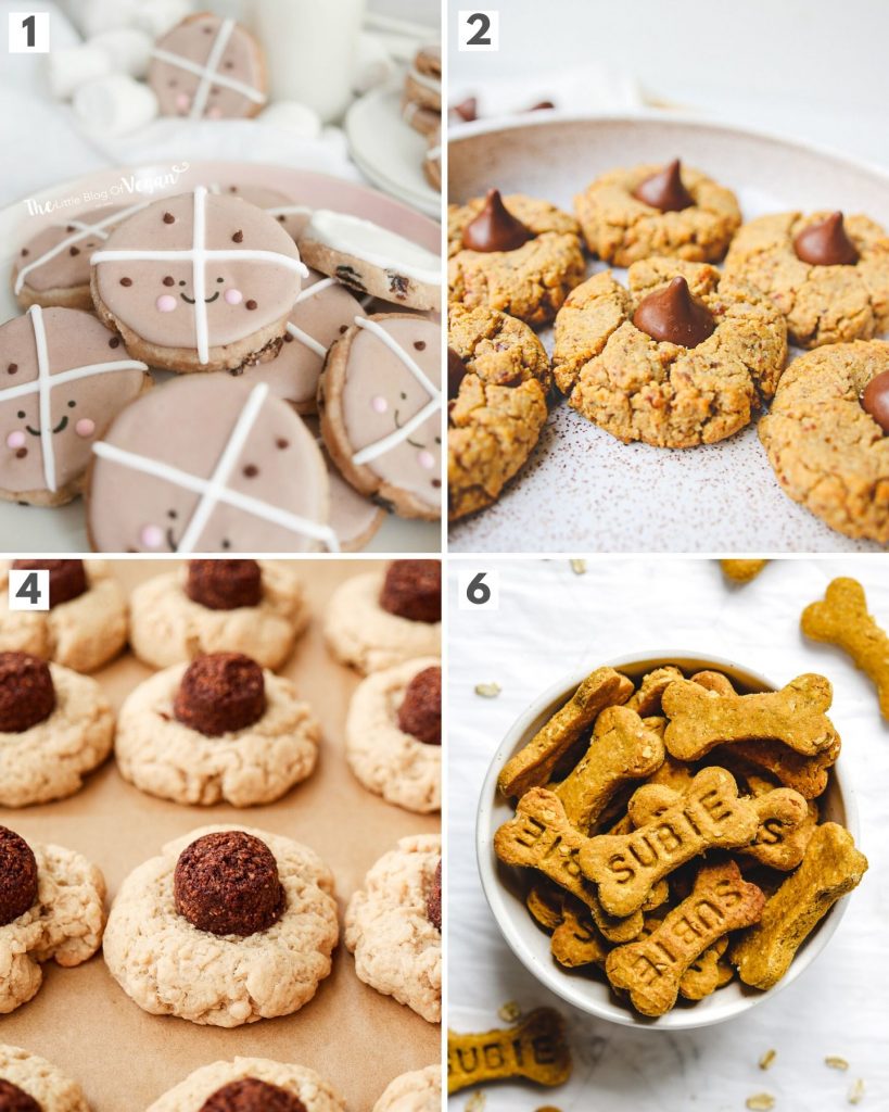 top 4 vegan grosted holiday cookies showing hot cross bun cookies, almond blossom cookies and coconut blossom cookies