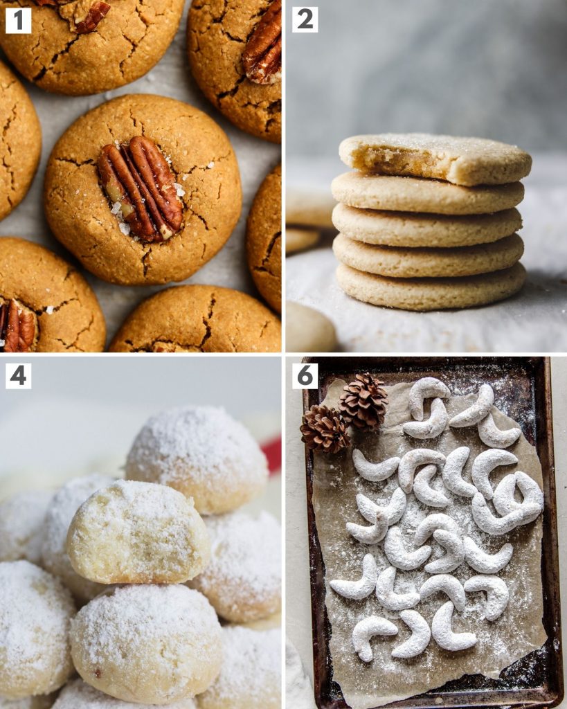top 4 vegan shortbread holiday cookies showing pecan butter cookies, almond sugar cookies, snow ball cookies and crescent cookies