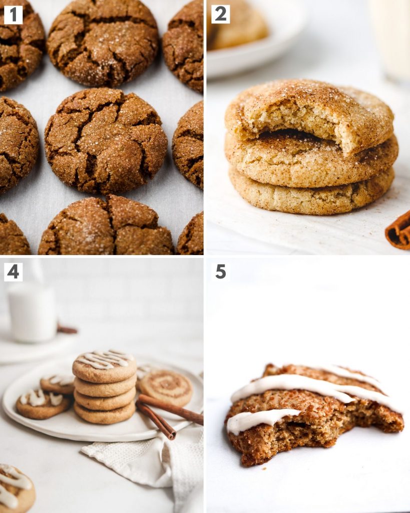 top 4 vegan spiced holiday cookies showing ginger molasses cookies, snickerdoodles, cinnamon roll cookies and chai spiced cookies