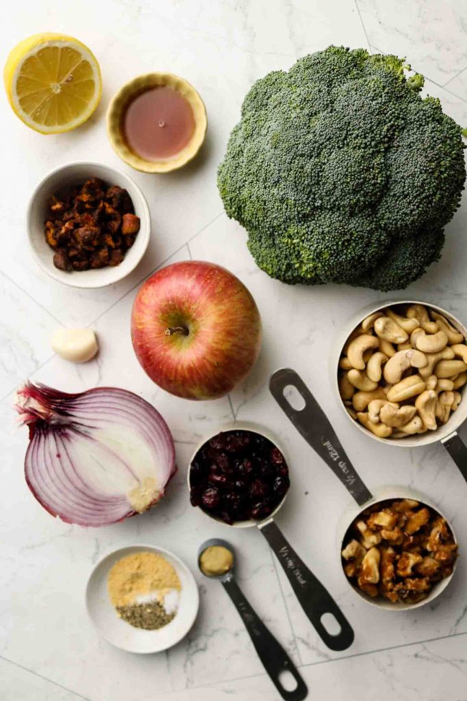 vegan broccoli salad ingredients laid out