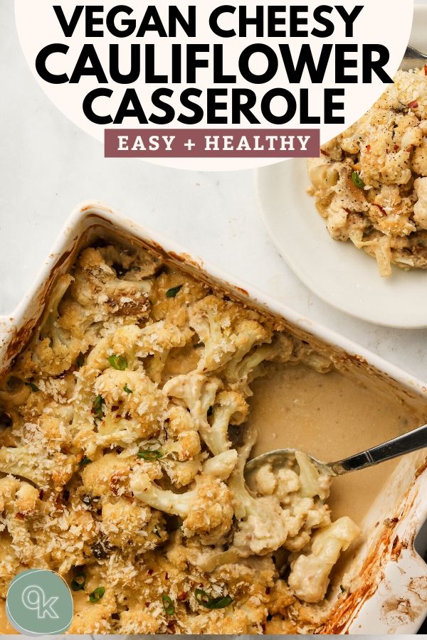 vegan cheesy cauliflower mushroom casserole with bread crumbs pinterest image