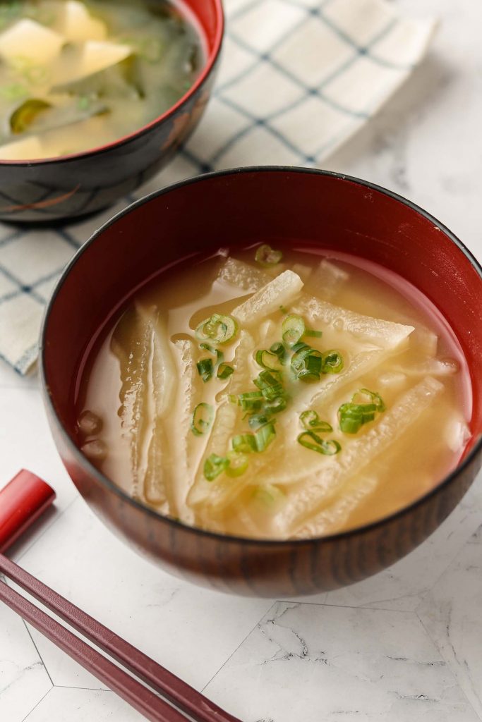vegan miso soup with daikon in a bowl
