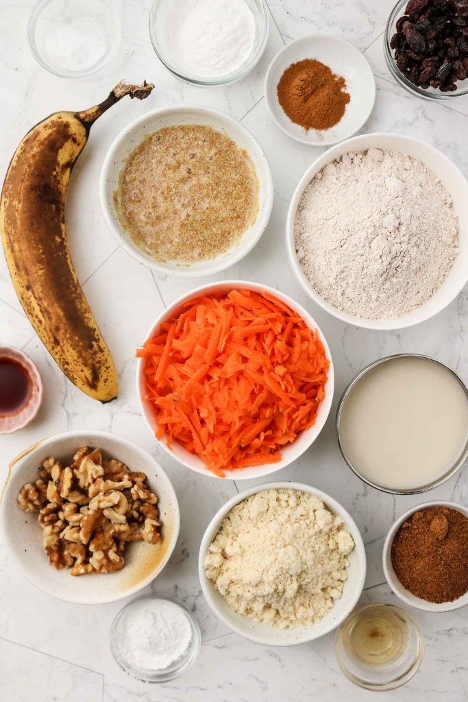 ingredients for carrot cake muffins laid out