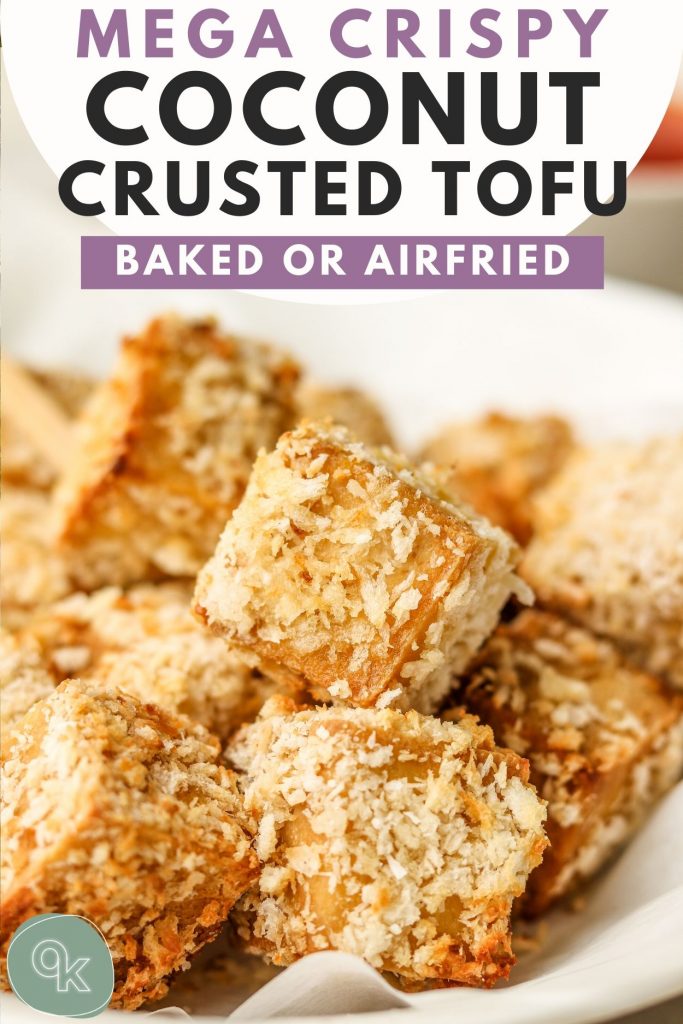close up of baked tofu pinterest graphic