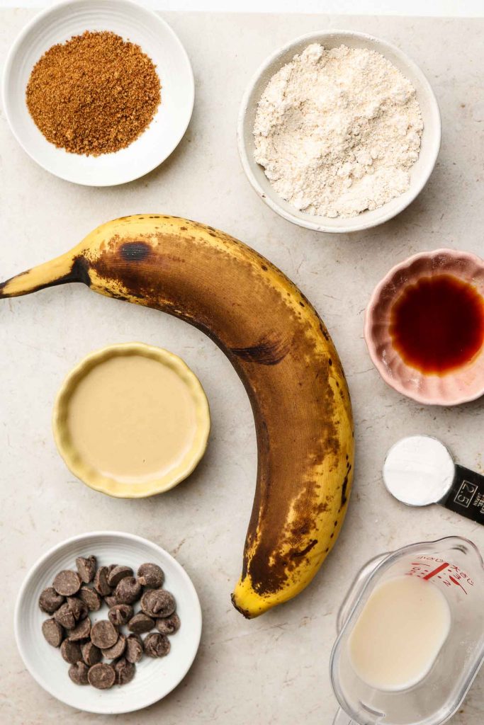 ingredients for banana mug cake on a marble top