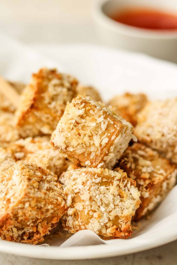 close up of coconut crusted baked tofu
