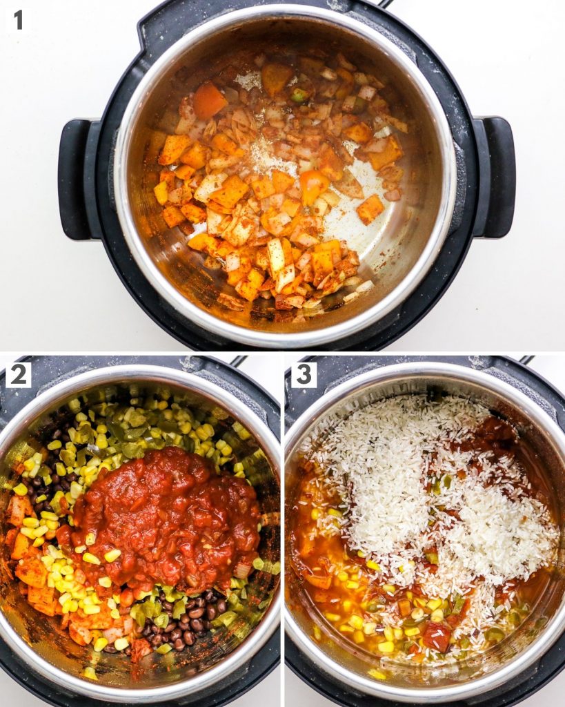 burrito bowl ingredients in an instant pot with step by step directions