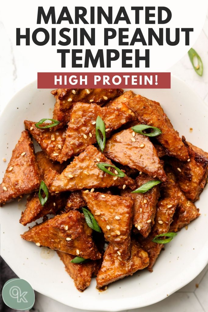 marinated peanut tempeh in a white bowl pinterest graphic