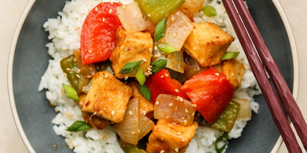 sweet and sour tofu over rice