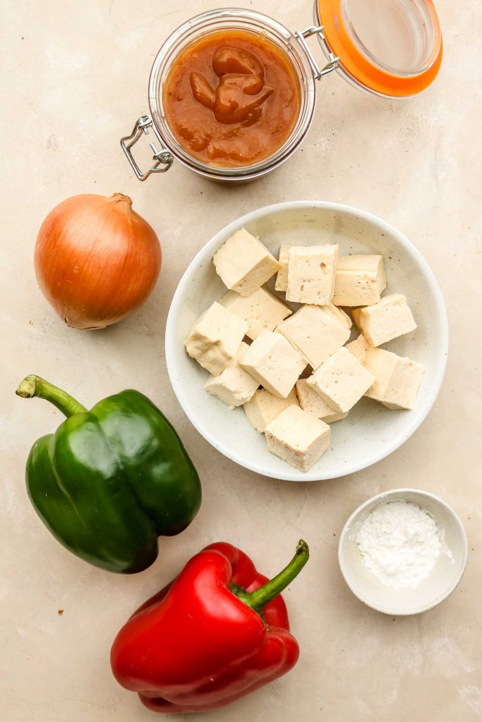 sweet and sour tofu recipe ingredients on a marble top