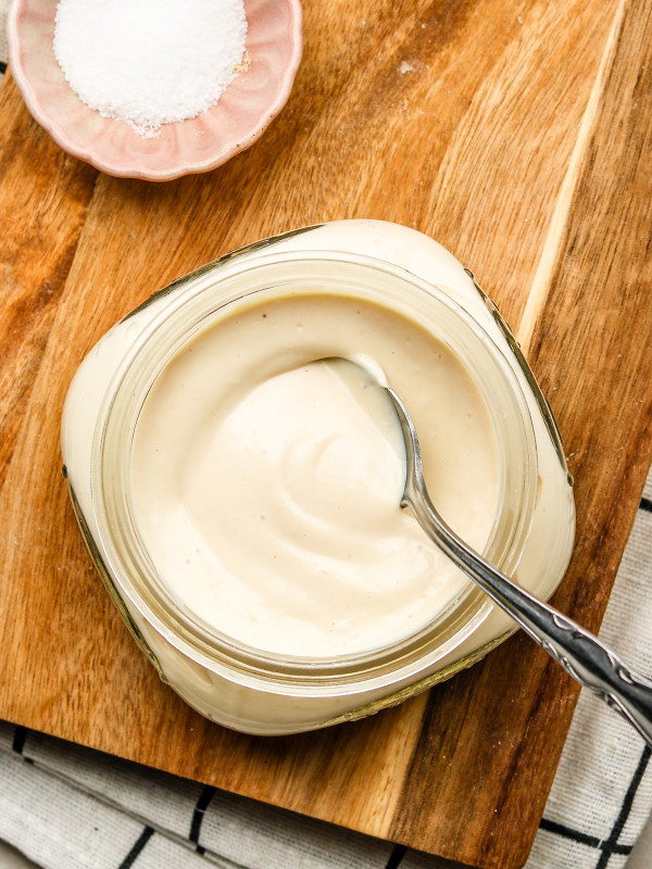 japanese mayo in a mason jar with a spoon inside
