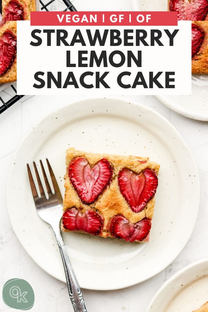 strawberry lemon snacking cake on top of a white plate with text on top for pinterest