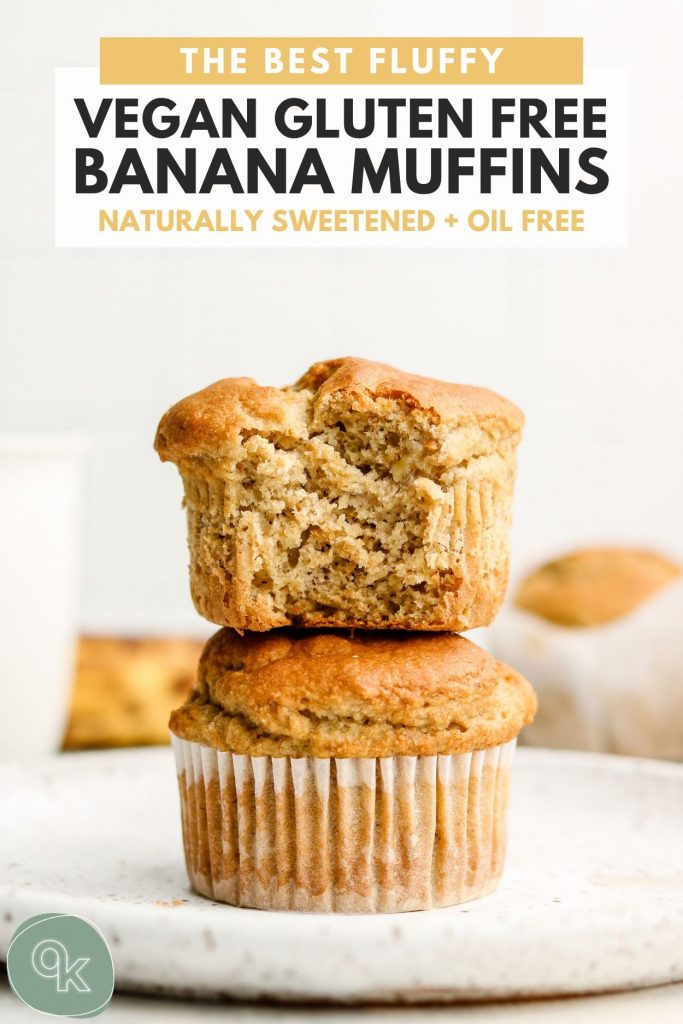 gluten free banana muffins stack with a bite taken out of the top muffin