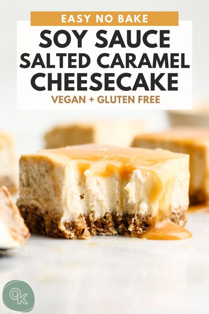 vegan no bake cheesecake with salted caramel sauce on top and a bite taken out with a fork