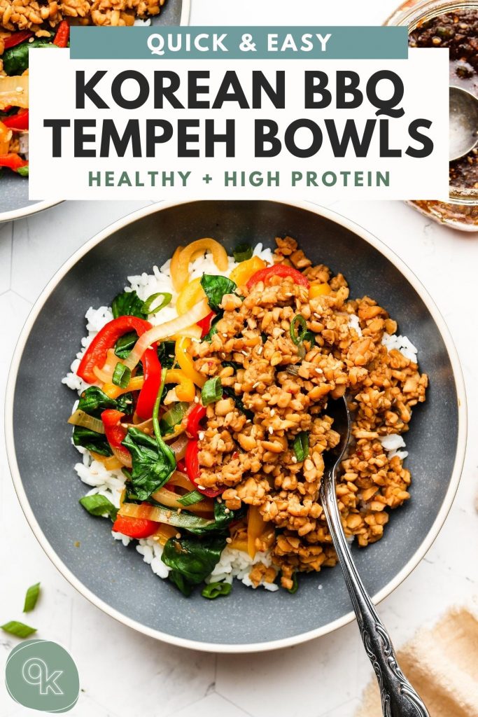 tempeh beef bowls over rice in a blue bowl with pinterest text overlay