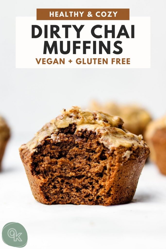 dirty chai muffins on a marble top with a bite taken out of it and pinterest text on top