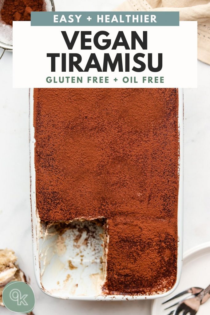 vegan tiramisu in a blue loaf pan with pinterest text overlay