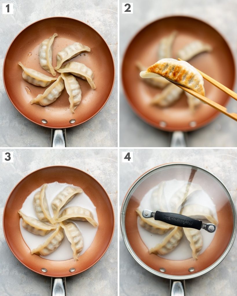 japanese dumplings in a small non-stick pan how to cook step by step photos