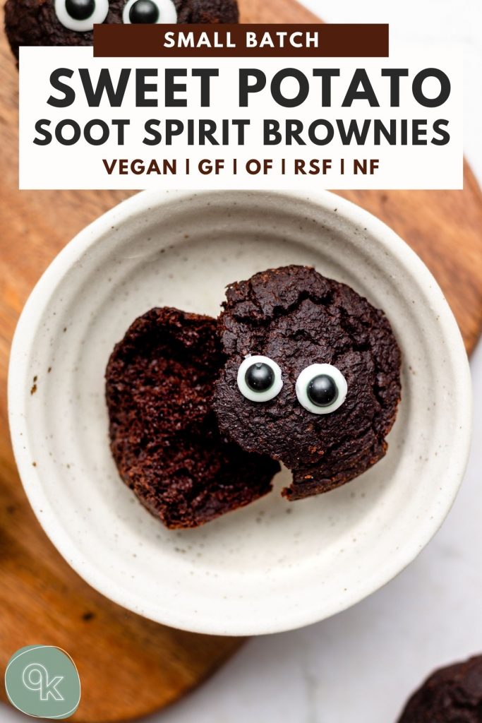 sweet potato brownies in a white bowl cut in half with candy eyes