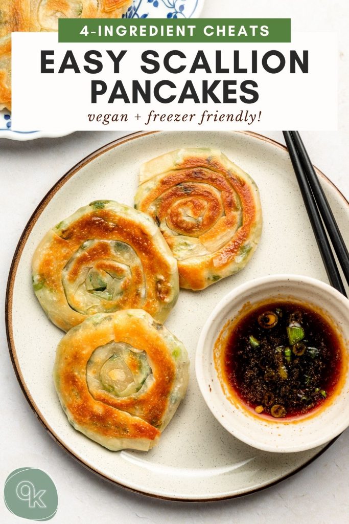 scallion pancakes on a ceramic plate with soy ginger dipping sauce pin for pinterest