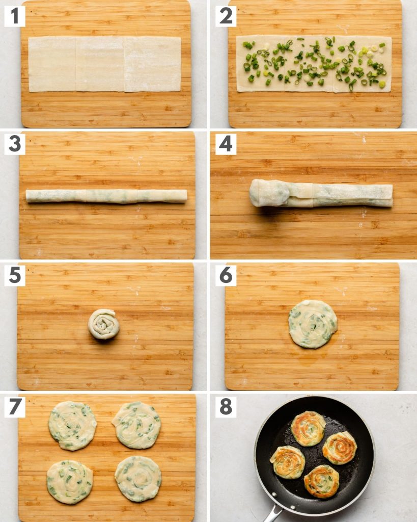 dumpling wrappers on a cutting board baking scallion pancakes