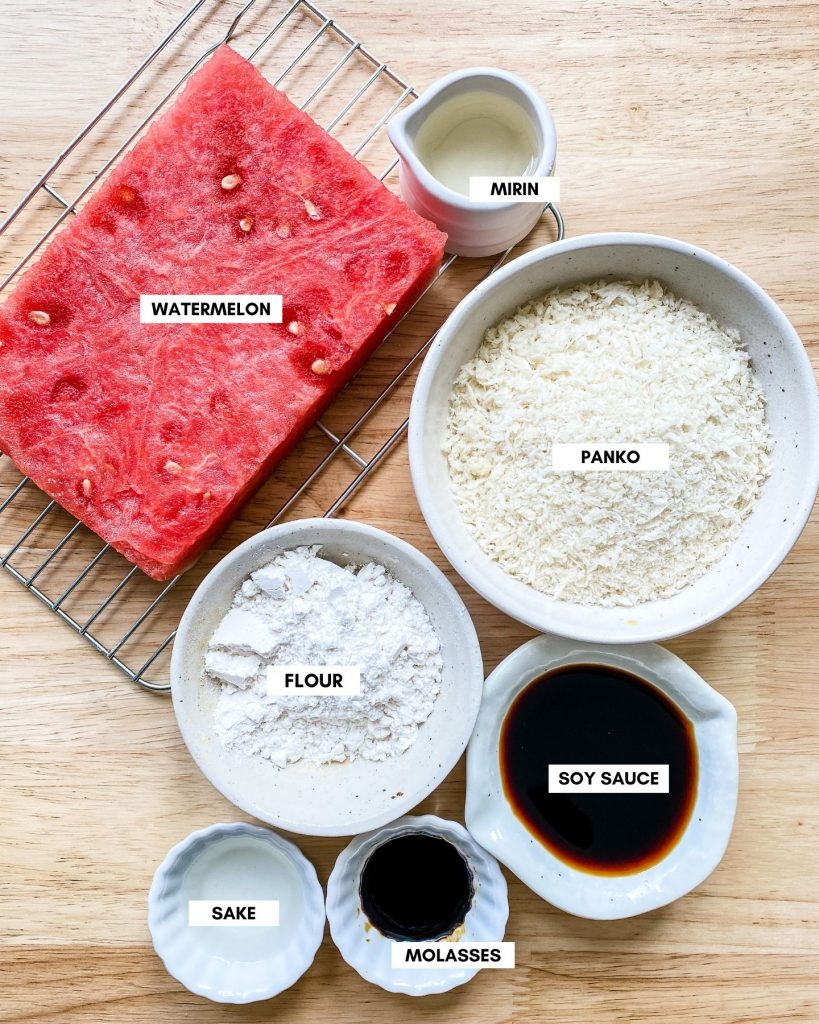 ingredients for watermelon katsu on a brown wooden background